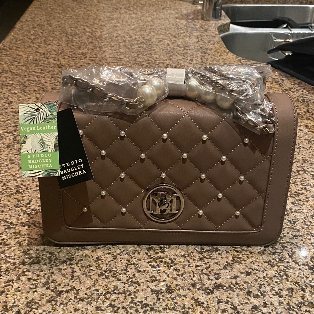 Badgley Mischka Taupe Quilted Crossbody Bag